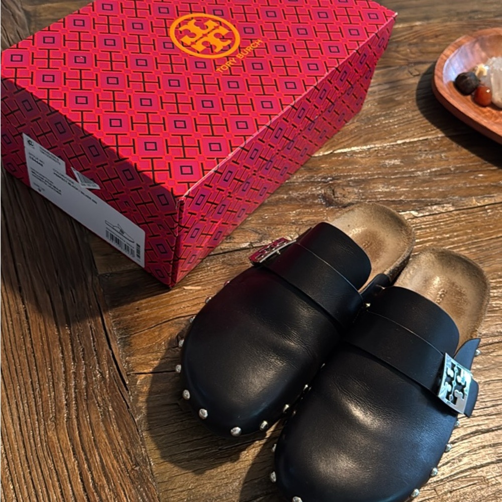 Tory Burch Black Leather Mellow Stud Mule Slip-Ons with Silver Accents w Box